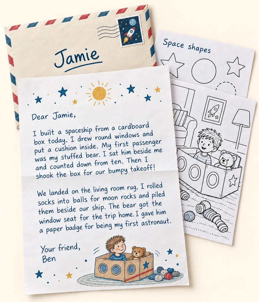 Sample personalized space letter for Jamie, an addressed envelope, matching coloring page and activity.