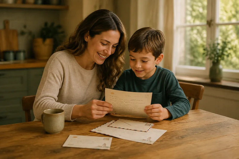 Illustrative scene of a parent and child reading a letter together.
